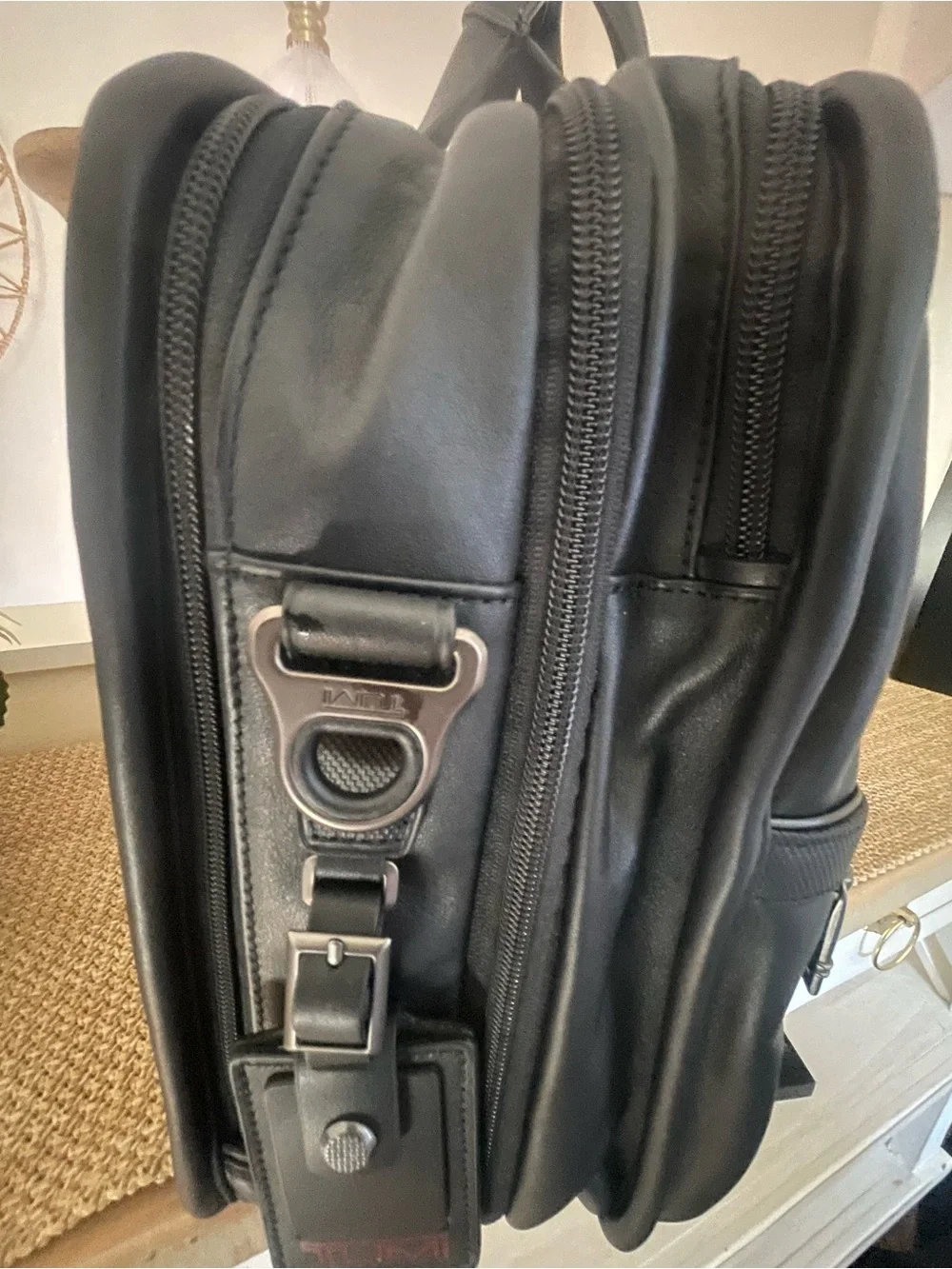 Tumi Black Leather Laptop Briefcase with Front Zip Pockets